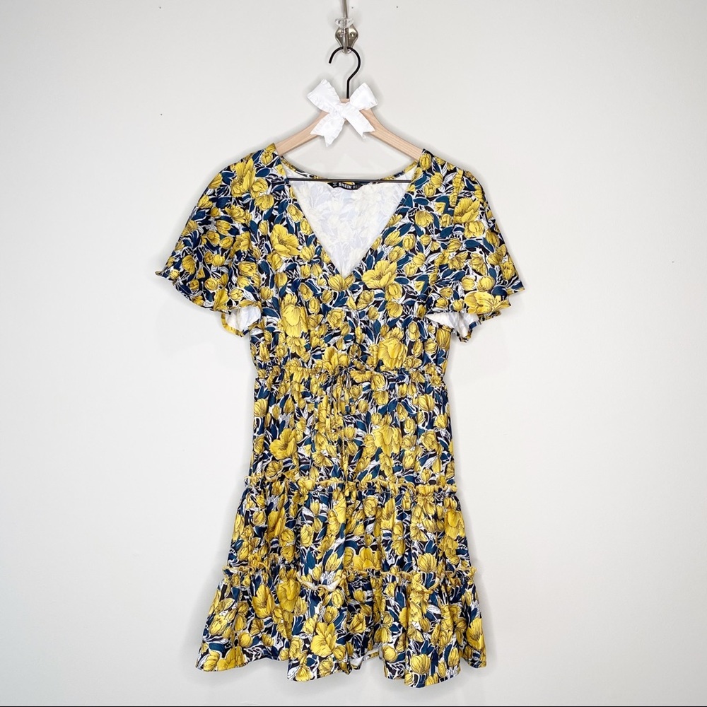 Blue and Yellow Floral Ruffle Mini Dress - Picture 3 of 8